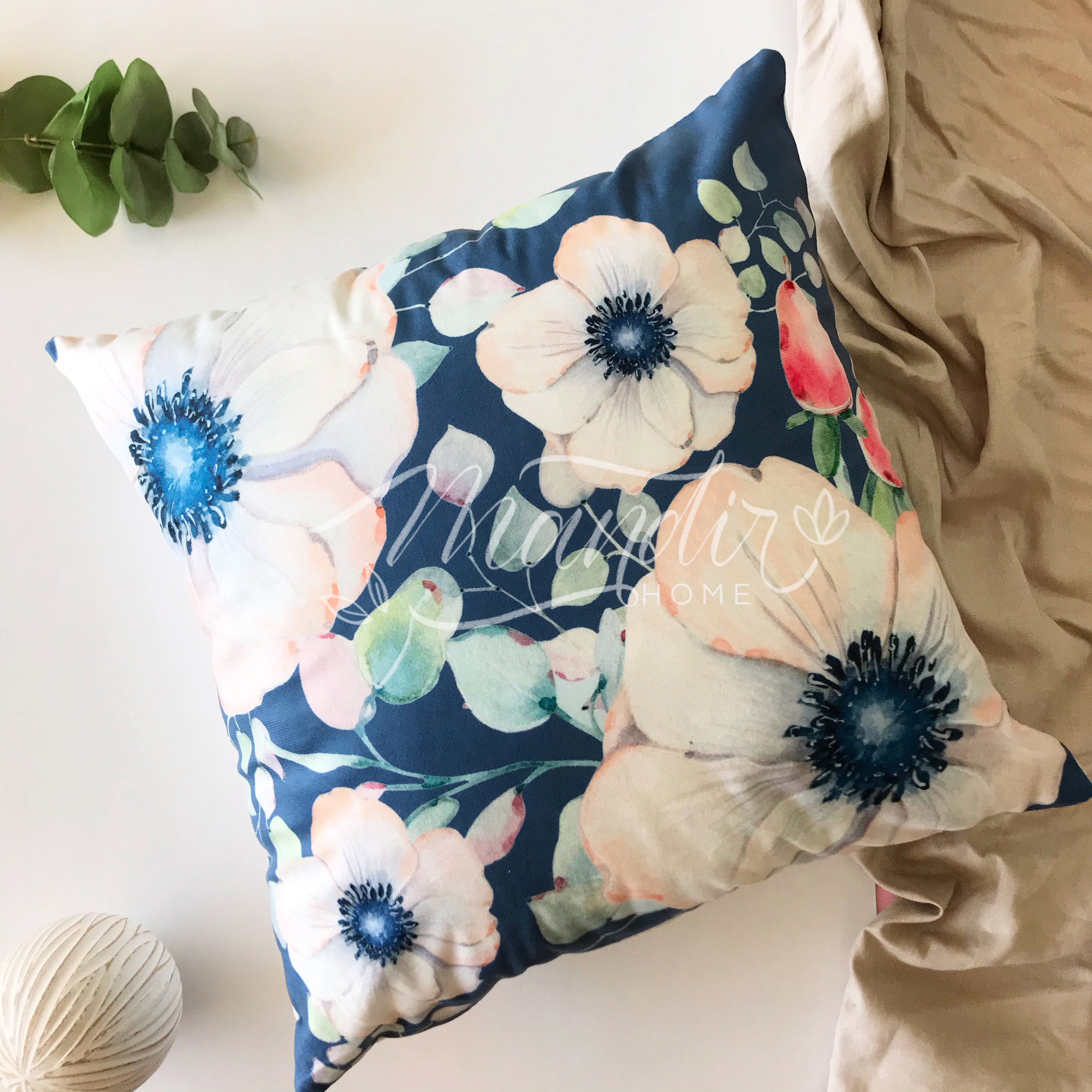 Funda de Cojín Estampado Flores Fondo Azul