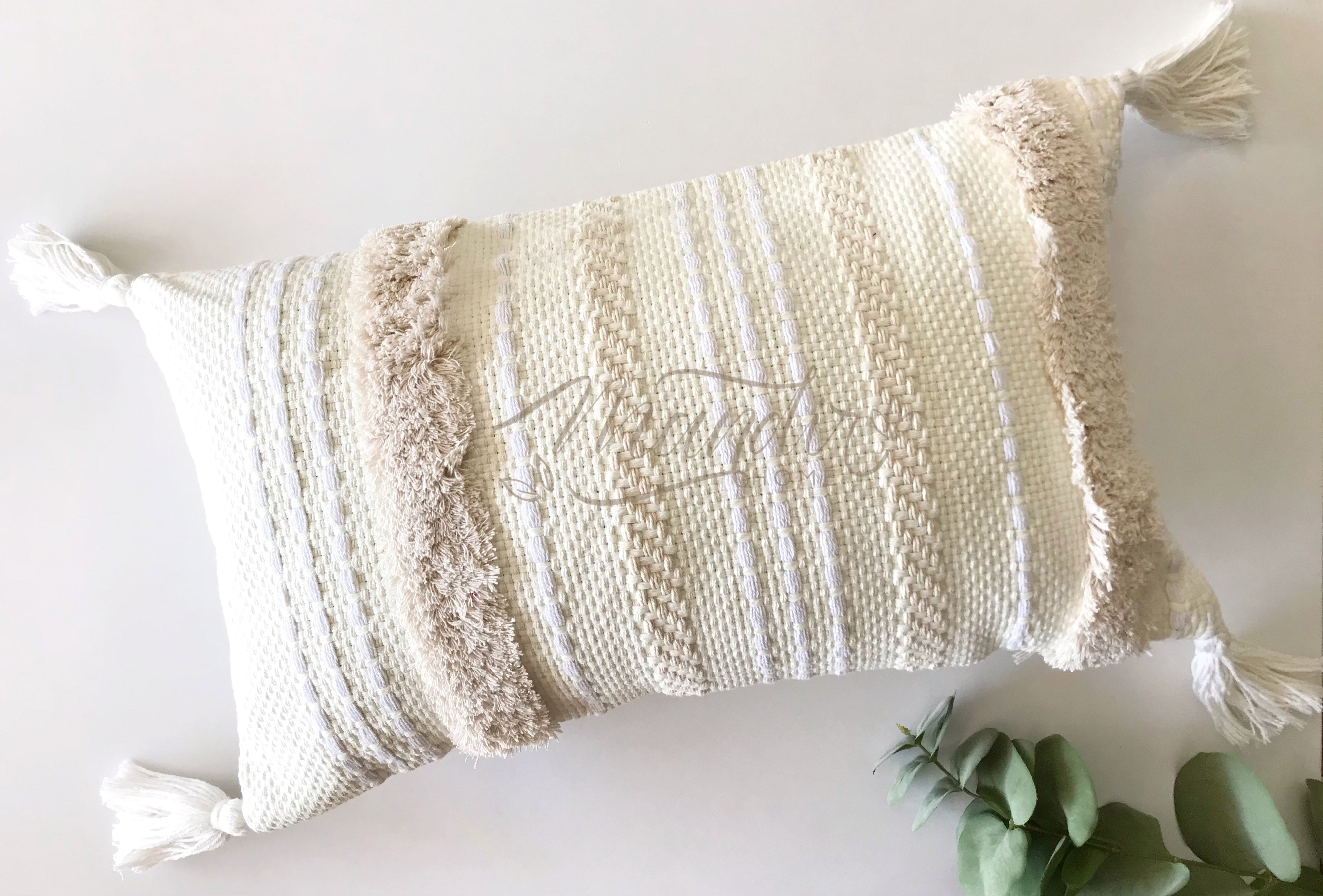 Funda de Cojín Boho Crudo Aplicaciones Líneas Borlas Rectangular