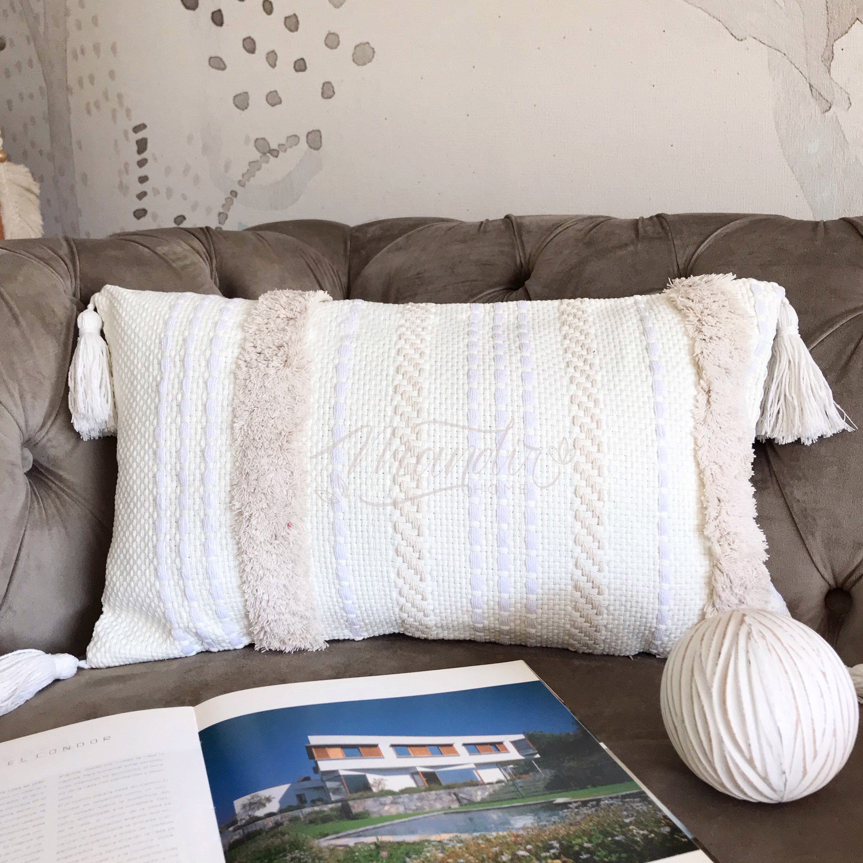 Funda de Cojín Boho Crudo Aplicaciones Líneas Borlas Rectangular