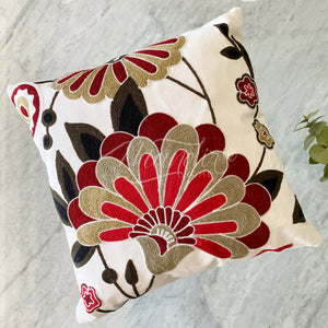 Funda de Cojín Bordado Flor Abanico Rojo Burdeo Beige Cuadrado