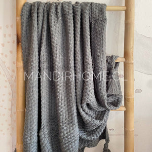 Manta Gris Punto Borlas Esquinas 180x120cms