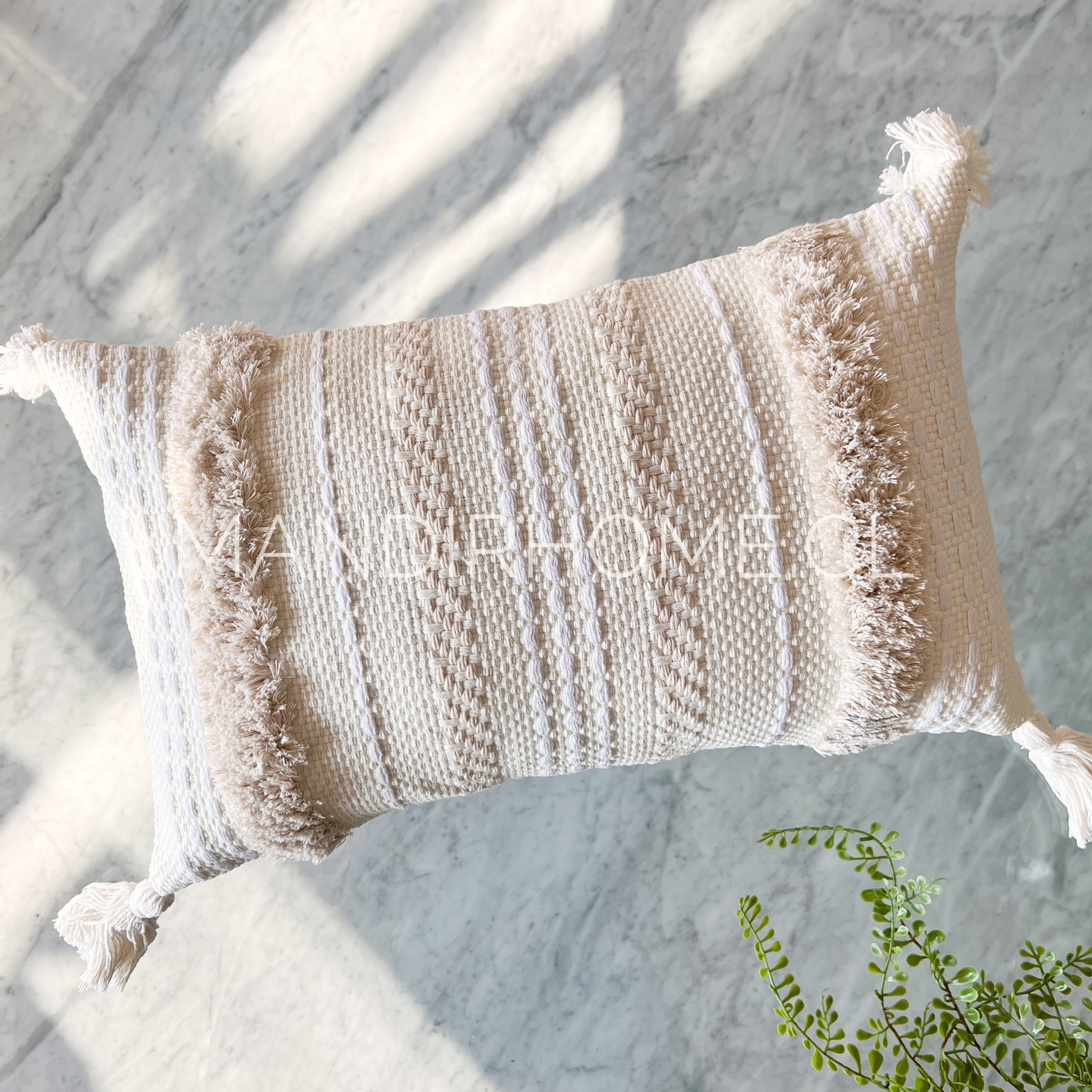 Funda de Cojín Boho Crudo Aplicaciones Líneas Borlas Rectangular