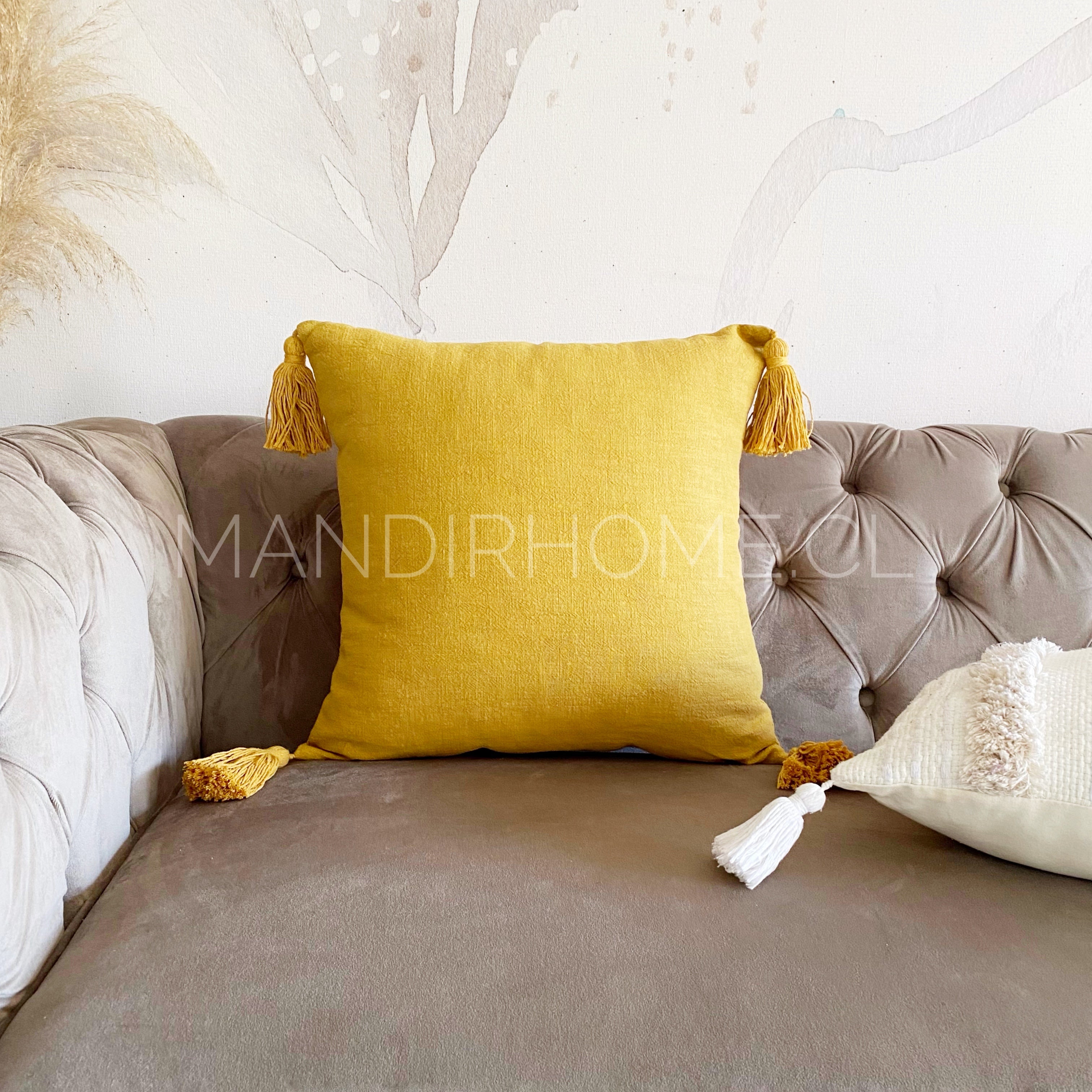 Funda de Cojín Lino Rústico Mostaza Cuadrado