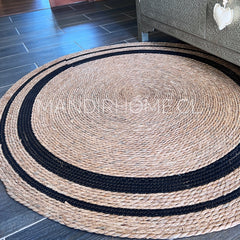 Alfombra Redonda Yute Negra Círculos Dobles 120cms diámetro